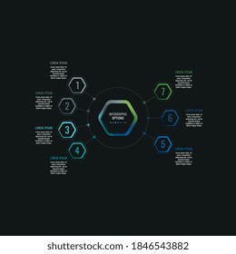 Infographic template with seven hexagonal elements and text boxes on a black background. Modern business process data visualization. Vector illustration easy to edit and customize. Eps 10