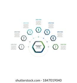 Infographic template with seven hexagonal elements and text boxes on a white background. Modern business process data visualization. Vector illustration easy to edit and customize. Eps 10