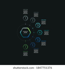 Infographic template with seven hexagonal elements and text boxes on a black background. Modern business process data visualization. Vector illustration easy to edit and customize. Eps 10