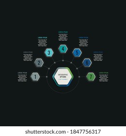 Infographic template with seven hexagonal elements on a black background. Modern business process visualisation with thin line marketing icons. Vector illustration easy to edit and customize. Eps 10