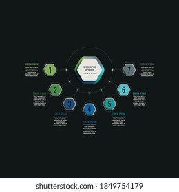 Infographic template with seven hexagonal elements on a black background. Modern business process visualisation with thin line marketing icons. Vector illustration easy to edit and customize. Eps 10
