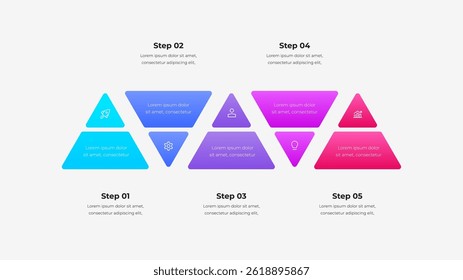 Template infographique présentant un processus en cinq étapes utilisant des formes triangulaires dégradées vibrantes avec des icônes. Idéal pour les présentations professionnelles, la visualisation des données et l'explication du workflow