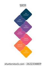 Infographic template showcasing seven angled, overlapping rounded squares with a gradient from dark blue to yellow. Each rounded square contains a title and text area. Vector illustration.