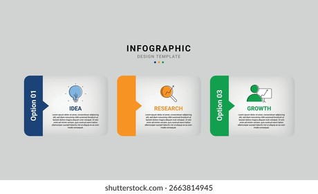infographic template showing idea, research, and growth steps with icons and text blocks on a gray background	
