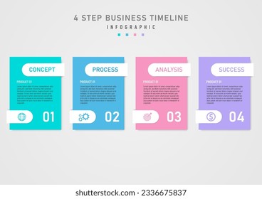 infographic template simple 4 business steps multi colored squares middle letter Below are numbers and icons on white rounded squares. gray gradient background design for marketing, product, project
