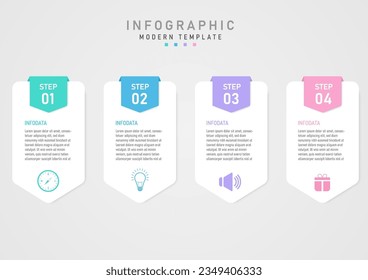 infographic template simple 4 steps business white pointed squares with letters and icons below with multi colored pointed squares above with white numbers in the middle. gray gradient background
