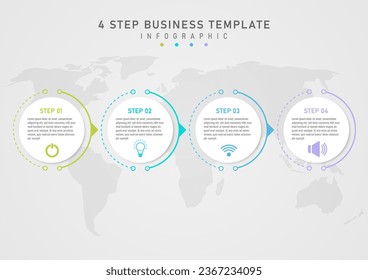 Infographic template with simple 4 steps business White circle with text and icons. Multi-colored outer outline. Underneath there is a gray gradient background map for marketing, planning, products.