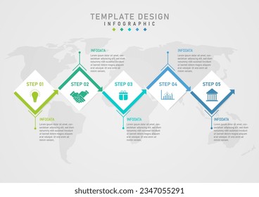 infographic template simple 5 steps business process White square with multicolored icons and arrows The upper and lower threads have letters. Underneath there is a map. gray gradient background