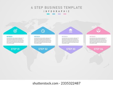 infographic template simple business hexagon pastel multi colored icons top The numbers below the middle have a white square and the letters below have a map. gray gradient background