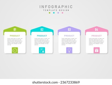 Infographic template with simple multi-colored acute angle squares on top and numbers in the middle above, white squares with letters in the middle. White icons below a gray gradient background.