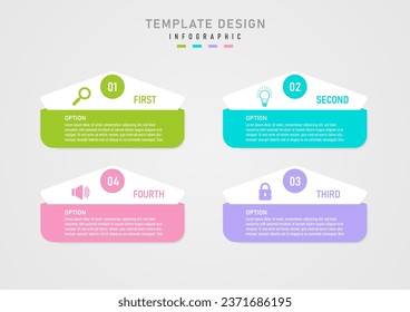 Plantilla infográfica Cuadrados simples de varios colores con letras blancas en el medio. El pentágono blanco inferior en un círculo de colores tiene un número en el centro del icono de color de la izquierda.