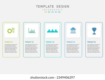 ฺBusiness infographic template simple step 5 product options top white square with multi colored icons bottom center with lettering Outer multicolored square frame gray gradient background