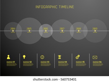 Infographic template with six circles and icons - dark version.