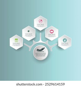 Modelo infográfico com seis opções de hexágono em um fundo ciano claro
