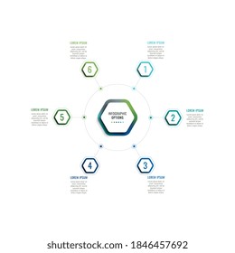 Infographic template with six hexagonal elements and text boxes on a white background. Modern business process data visualization. Vector illustration easy to edit and customize. Eps 10