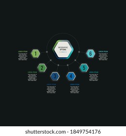 Infographic template with six hexagonal elements on a black background. Modern business process visualisation with thin line marketing icons. Vector illustration easy to edit and customize. Eps 10