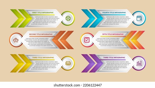 plantilla infográfica con seis opciones, pasos, flechas. Se puede utilizar para presentación, diagrama de procesos. Ilustración vectorial.