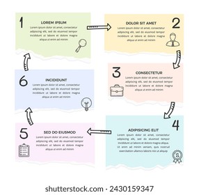 Infografik-Vorlage mit sechs Papiernotizen verbunden mit handgezeichneten Pfeilen, Kreisdiagramm, Vektor eps10 Illustration