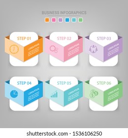 Infographic template of six steps on squares, tag banner, work sheet, flat design of business icon, vector
