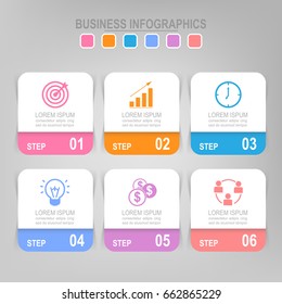 Infographic Template Six Steps On Squares, Tag Banner Connecting, Pastel Work Sheet, Flat Design Of Business Icon, Vector