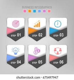 Infographic template of six steps on squares, tag banner, work sheet, flat design of business icon, vector