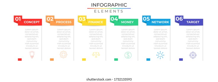 Infographic template with six steps rectangle and icons. Chart process target. Modern vector for company or corporate business project and presentation. Trendy Eps10 design