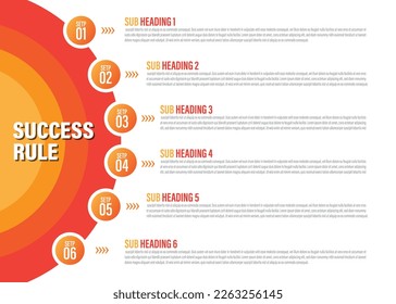 Infographic template in six steps, success rule template with orange and yellow theme