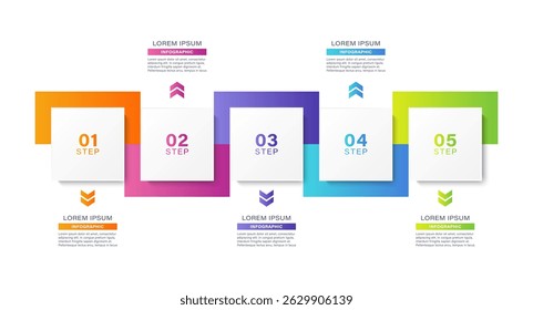 Infographic template with square elements. Five steps or processes. Step by step, instructions or report