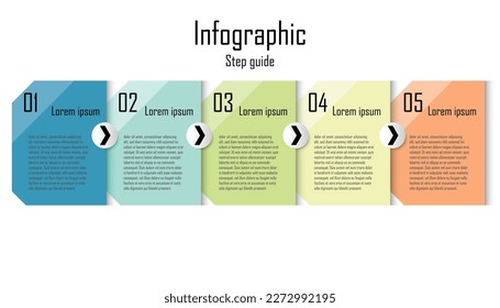 Infografische Vorlagenschrittführung für die Präsentation von Geschäftsinformationen. Vektorquadratische Elemente. Moderne Workflow-Diagramme. Plan 5 - Themen Bericht
