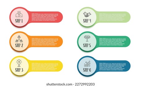 Guía de paso de plantilla de infografía para presentación de información comercial. Geometría vectorial y elementos de iconos. Diagramas de flujo de trabajo de colores brillantes modernos. Temas del plan de informes 6