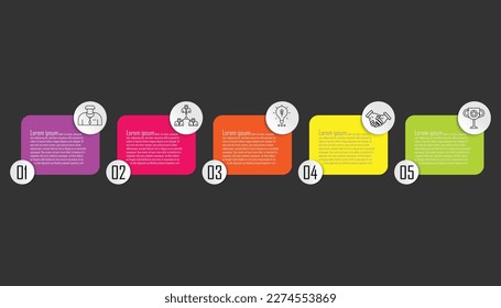 Infographic template step guide for business information presentation. Vector banner square and icons elements. Modern workflow diagrams. Report option plan 5 topics