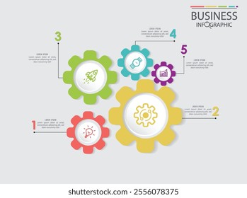 Infographic template with steps and 5 icons. Can be used for web design, timeline, diagram, chart, graph, business presentation.