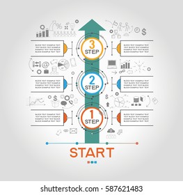 Infografische Vorlage mit Schritten, Pfeil- und Doodles-Symbolen. Vektor eps10 Illustration