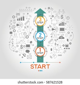 Infografische Vorlage mit Schritten, Pfeil- und Doodles-Symbolen. Vektor eps10 Illustration