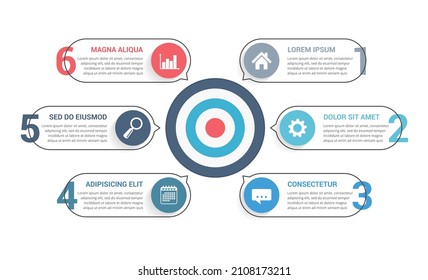 Infographic template with target and six elements four you icons and text, solution or success concept, vector eps10 illustration