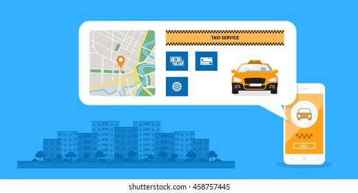 infographic template with taxi car on mobile phone screen, icons and town street on background, taxi service concept, flat style illustration