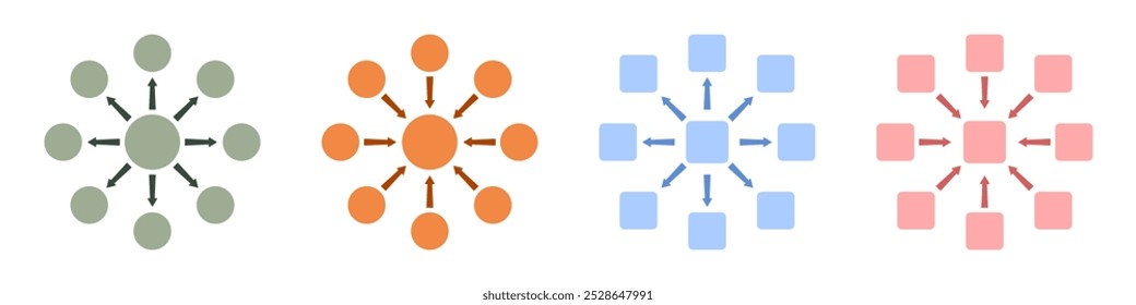 Infographic template for text, icons, pictures in form of eight circles, squares, located at same distance from central circle, square, connected by arrows inward to center, outward. Network diagram.