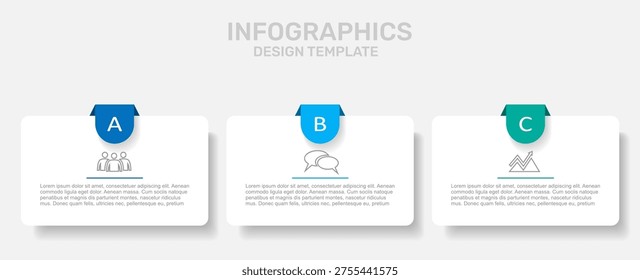 Infographic template with three colorful options, icons, and text boxes for comparing features, services, or business choices. Vector illustration.