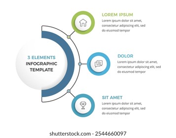 Modelo infográfico com três elementos circulares conectados, ilustração de vetor eps10