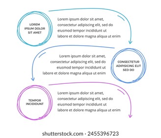 Infographic template with three elements for your text with hand drawn circles and arrows, doodle style, vector eps10 illustration