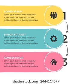 Plantilla infográfica con tres Elementos y flechas dibujadas a mano, ilustración de Vector eps10