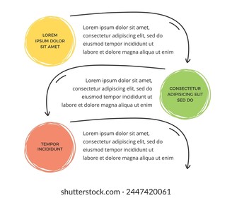 Infographic template with three hand drawn circles and arrows, doodle style, vector eps10 illustration