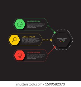 infographic template with three hexagonal elements on a black background. modern business process visualisation with thin line marketing icons. vector illustration easy to edit and customize. eps 10