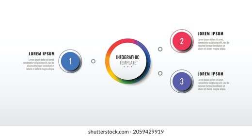Plantilla infográfica con tres elementos realistas redondeados multicolor sobre un fondo blanco. Visualización moderna de datos empresariales vectoriales con cajas de texto. fácil de editar y personalizar. Eps10
