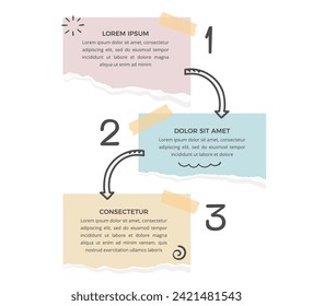 Plantilla infográfica con tres opciones con notas de papel y flechas dibujadas a mano, eps10 ilustración