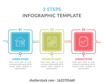 Infographic template with three squares with text and line icons, process diagram, workflow, three steps or options, vector eps10 illustration