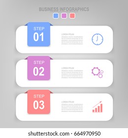 Infographic template three steps on squares, tag banner connecting, pastel work sheet, flat design of business icon, vector