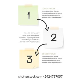 Infographic template with three steps with paper notes and hand drawn arrows, vector eps10 illustration