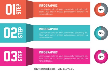 Infographic template, three steps, project stages, percentage breakdown.