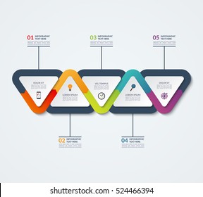 Modelo infográfico de elementos triangulares. Conceito de negócio com 5 opções, passos, peças, segmentos. Banner vetorial para web, infográficos da linha do tempo, layout do fluxo de trabalho, diagrama, gráfico, relatório anual